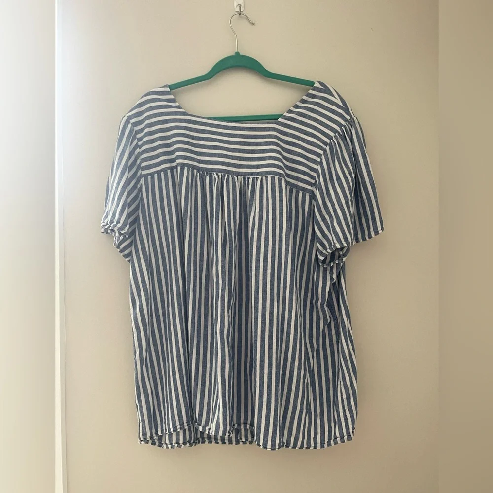 Terra & Sky Blue and White Boxy Short Sleeve Blouse - Picture 9 of 10